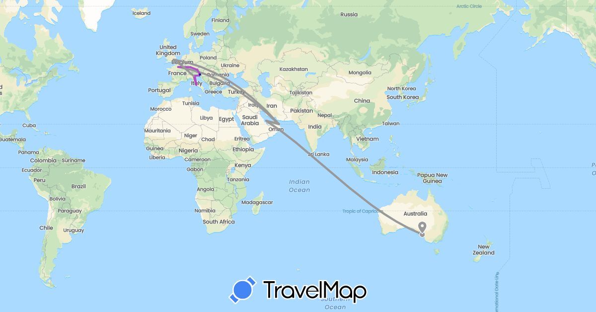 TravelMap itinerary: driving, plane, train in Austria, Australia, Germany, France, United Kingdom, Italy, Oman, Qatar, Slovenia (Asia, Europe, Oceania)